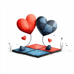 A whimsical illustration featuring two heart-shaped balloons in red and blue, symbolizing love and connection.