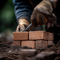 Close up of construction worker laying bricks with precision and care, showcasing craftsmanship involved in masonry work. focus on hands emphasizes skill and dedication required in construction