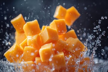 Poster - Orange Cubes Splashing Into Water With Water Droplets