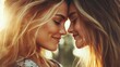 © Dulemegapixel - A heartfelt moment as a mother and daughter gently touch foreheads under a warm sunset glow, capturing love, serenity, and the deeper essence of familial bonds.
