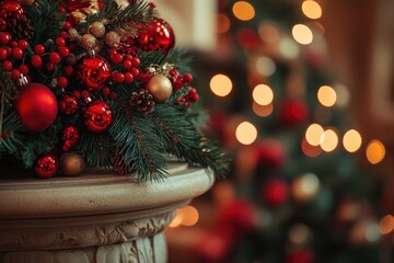 Wall Mural - Close-up of a Christmas Decoration with Red and Gold Ornaments on a Stone Pedestal