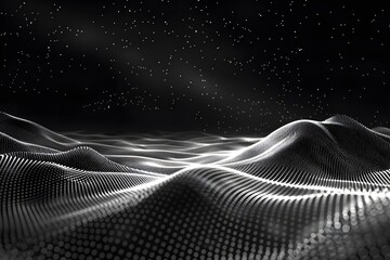 Poster - Abstract Digital Landscape with Dotted Waves and Starry Background