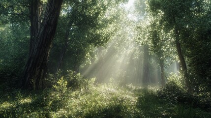 Poster - A forest with sunlight shining through the trees