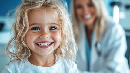 A cheerful child with sparkling blue eyes smiles widely during a visit to the clinic, symbolizing health, safety, and trust, with a caregiver in the background.