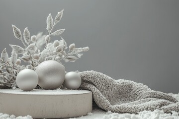 Canvas Print - Silver Christmas Ornaments with Snowy Foliage and Knit Fabric on a White Background