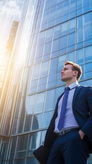 Poster - A young man in a suit stands in front of a modern office building.