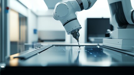 Poster - A robot conducting high-precision measurements in a state-of-the-art metrology lab with advanced measurement instruments, clean and detailed environment, Metrology-tech style