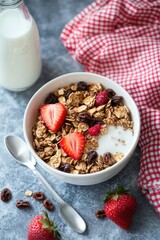 Breakfast cereal with raisin and milk