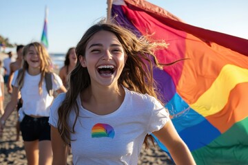 A cheerful woman energetically marches on a sunny beach carrying a large rainbow flag, symbolizing pride, freedom, and community in an outdoor festival atmosphere.