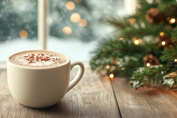 cup of hot chocolate on the table with christmas decorations