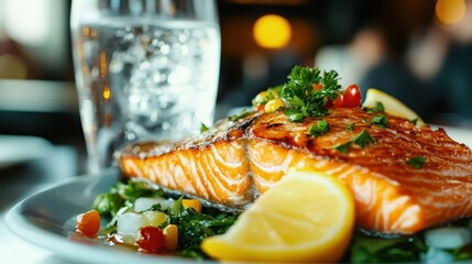 A beautifully plated salmon dish topped with herbs, surrounded by lemon slices and vegetables, set on a restaurant table for a delightful dining experience.