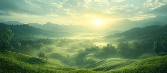 Wall Mural - Sunrise Over Foggy Mountain Valley