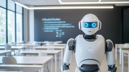 Poster - a robot conducting interactive learning sessions in a modern educational facility with high-tech cla