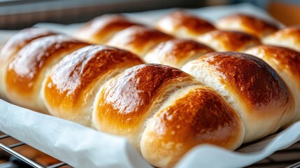 A close-up view of freshly baked, glossy bread rolls in a  tray, highlighting the soft texture and golden brown crust, perfect for food presentations or culinary projects.