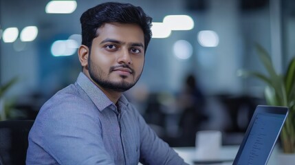 portrait of an Indian software engineer or web developer working on laptop in modern office looking at camera, tech worker