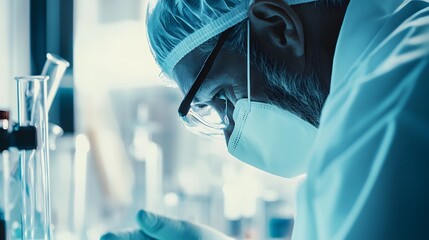 Wall Mural - a scientist in a lab coat and safety glasses works in a laboratory.