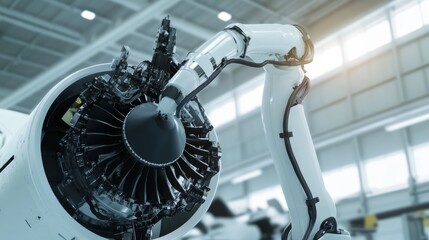 Poster - A robot conducting precision inspections on a high-tech aircraft engine in an aerospace maintenance hangar, clean and detailed environment, Aerospace-tech style