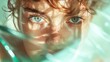 © Dulemegapixel - An intense close-up of a face bathed in green and turquoise light, emphasizing vivid eyes, freckles, and shadows, inspiring courage and curiosity.