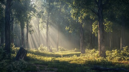 Poster - A forest with trees and sunlight shining through the leaves