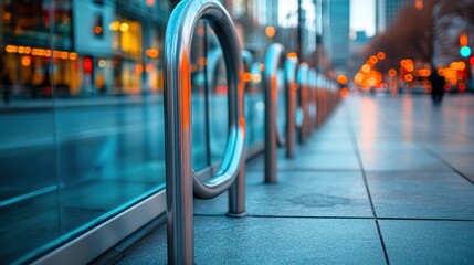 A stunning night city scene with glowing lights and reflections in the glass, featuring smooth lines of steel creating a sleek and modern urban landscape.