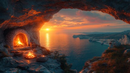 Poster - Serene coastal cave with fires at sunset over the ocean.