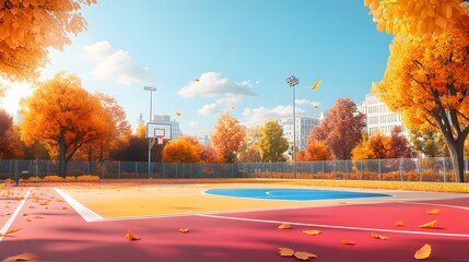 Autumn Basketball Court with Falling Leaves and City Skyline