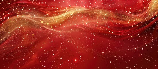 Poster - Abstract shiny Christmas background with golden glitter particles creating a luxurious and magical galaxy in red fluid with sparkling gold stains and overflows perfect for a copy space image
