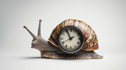 A creative representation of time featuring a snail with a clock on its shell, symbolizing patience and the passage of time.