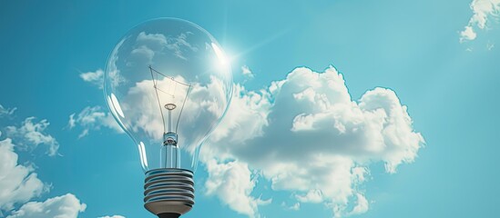 Energy efficient concept depicted by a lone light bulb set against a clear blue sky with a white cloud on a bright sunny day offering ample copy space image