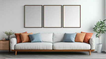 Modern living room with a stylish sofa and three empty frames above, featuring a serene plant and soft color palette