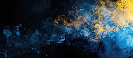 Wall Mural - Black background featuring blue and yellow steam with copy space image available