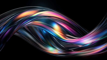 An abstract design with iridescent hues created in 3D, set against a stark black background.