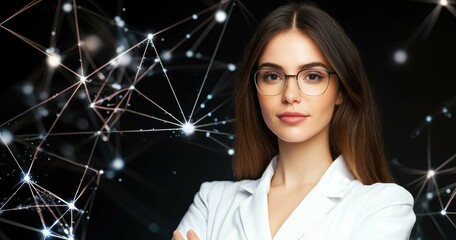 Lab researcher with glasses and white coat, arms folded, surrounded by laboratory equipment, representing the future of scientific discovery and innovation