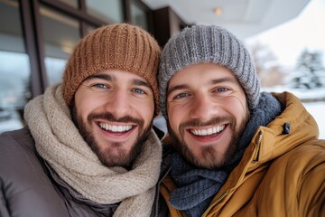 Two happy friends taking a close-up selfie in winter clothing outside a building, showcasing friendship, winter adventure, and warmth together in the cold season.