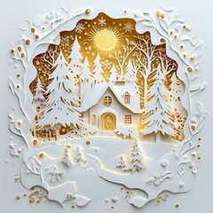 Wall Mural - winter christmas composition in paper cut style ,white and gold style
