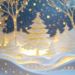 Wall Mural - winter christmas composition in paper cut style ,white and gold style