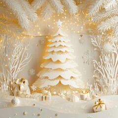 Wall Mural - winter christmas composition in paper cut style ,white and gold style