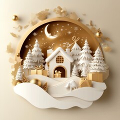 Wall Mural - winter christmas composition in paper cut style ,white and gold style