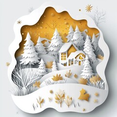 Wall Mural - winter christmas composition in paper cut style ,white and gold style