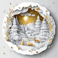 Wall Mural - winter christmas composition in paper cut style ,white and gold style
