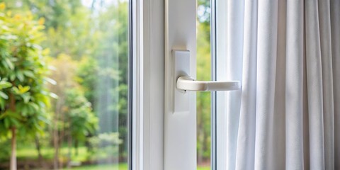 Metal plastic window with a white handle and curtain close-up