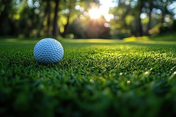 A close-up of a golf ball resting on lush green grass at sunset during a tranquil golfing afternoon