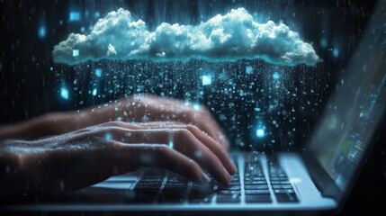 Poster - Weather icon with hands typing on a laptop with cloud environment change technology icons floating above, indicating the use and management of AI in data visualization design for web development.