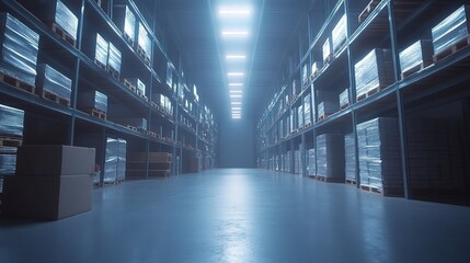 Poster - Wide Aisle in Modern Warehouse with Pallet Racks