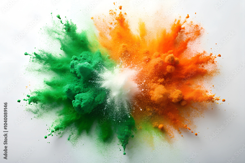 Orange and green color powder explosion burst splash on the white ...