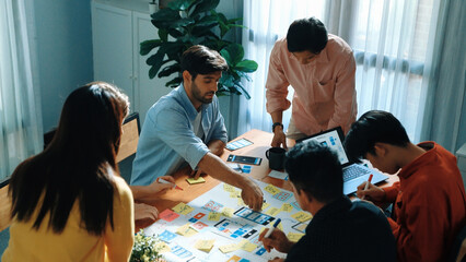 Poster - top view of professional business team brainstorming and sharing idea by using mind map. diverse peo