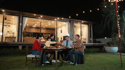 Family gather celebrate holiday. Parents, grandparents and girl together to talk and have dinner party food. Outdoor activity for spending time with multigeneration cross generation gap. Divergence.