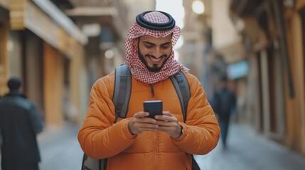 Wall Mural - Young arab man smiling confident using smartphone at street