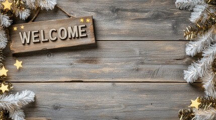 A rustic welcome sign hangs on a weathered fence, surrounded by greenery and twinkling stars, creating a festive holiday atmosphere