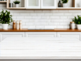 Aufkleber - Empty white wooden tabletop with blurred kitchen background for product display montage
